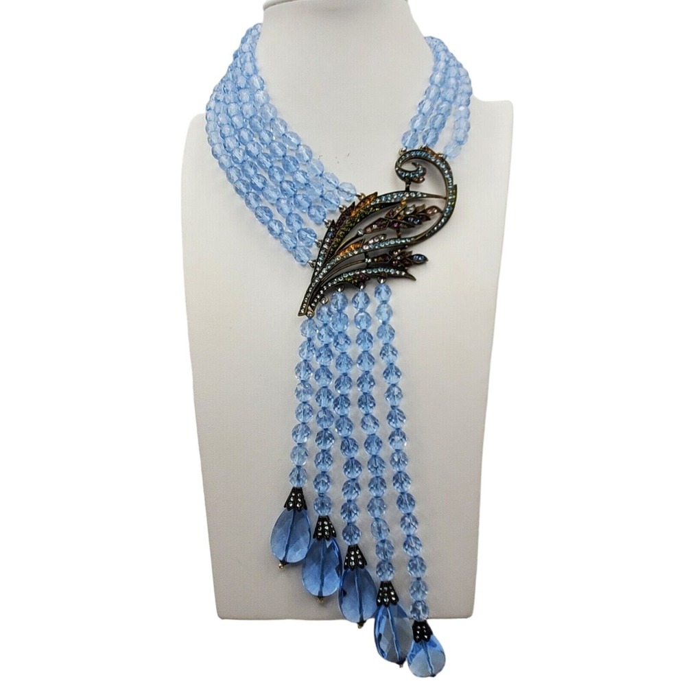 Blue Beaded Tassel Necklace Heidi Daus Swarovski Crystal Layered Runway Fringe